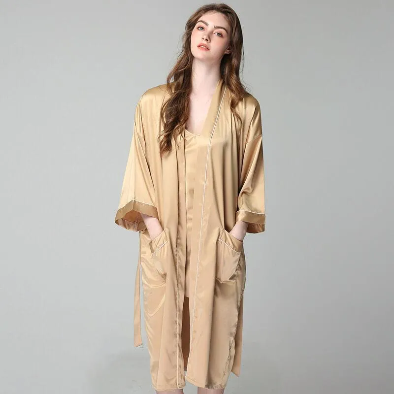 100% Silk V Neckline Full Length Breathably Silk  and Robes SetNightgown