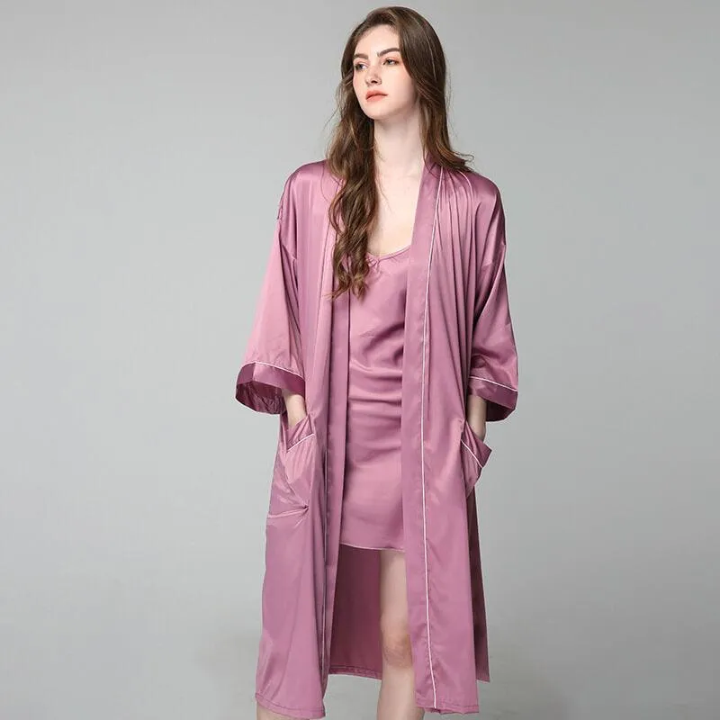 100% Silk V Neckline Full Length Breathably Silk  and Robes SetNightgown