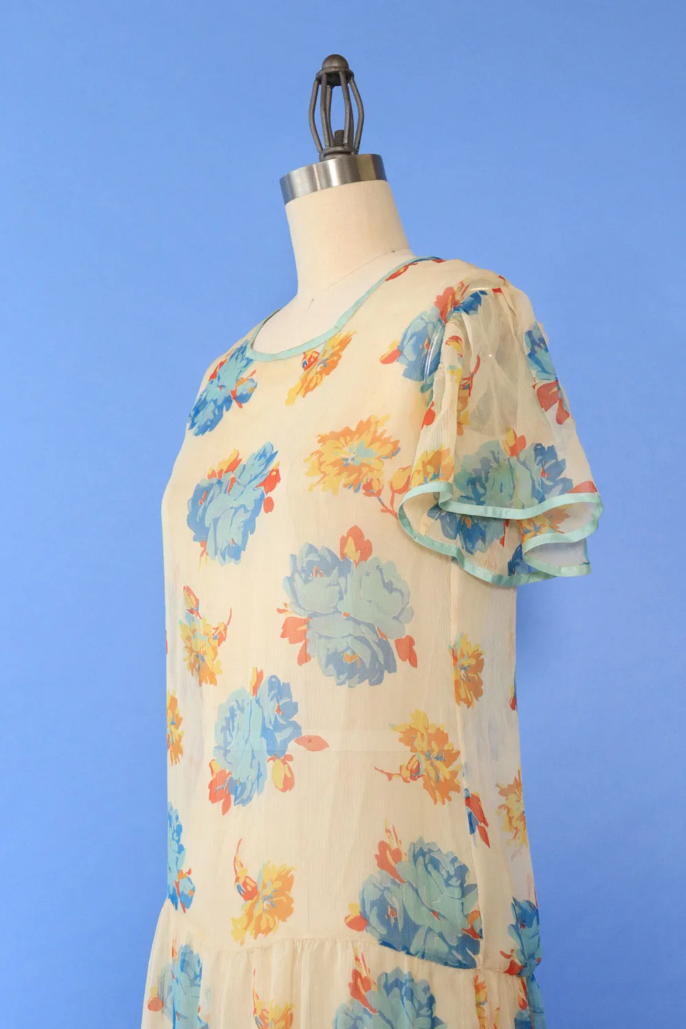 1930s Floral Chiffon Tea Dress XS