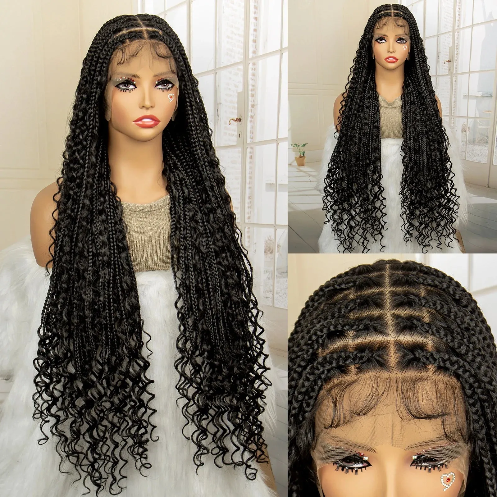 36 Inches Long Boho Braided Wigs with Baby Hair Synthetic Full Lace Knotless