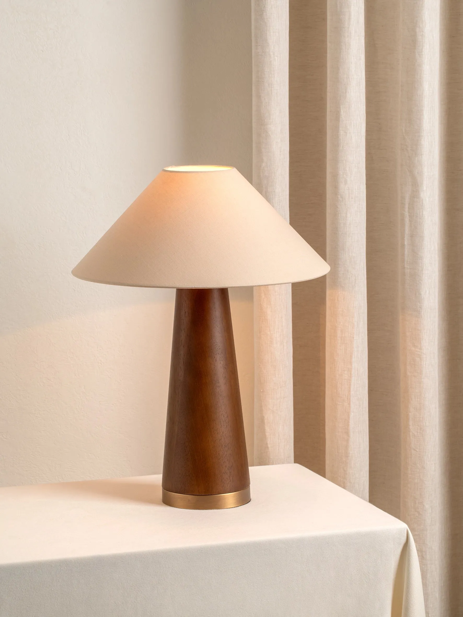 Baneza - aged brass and wood cone table lamp
