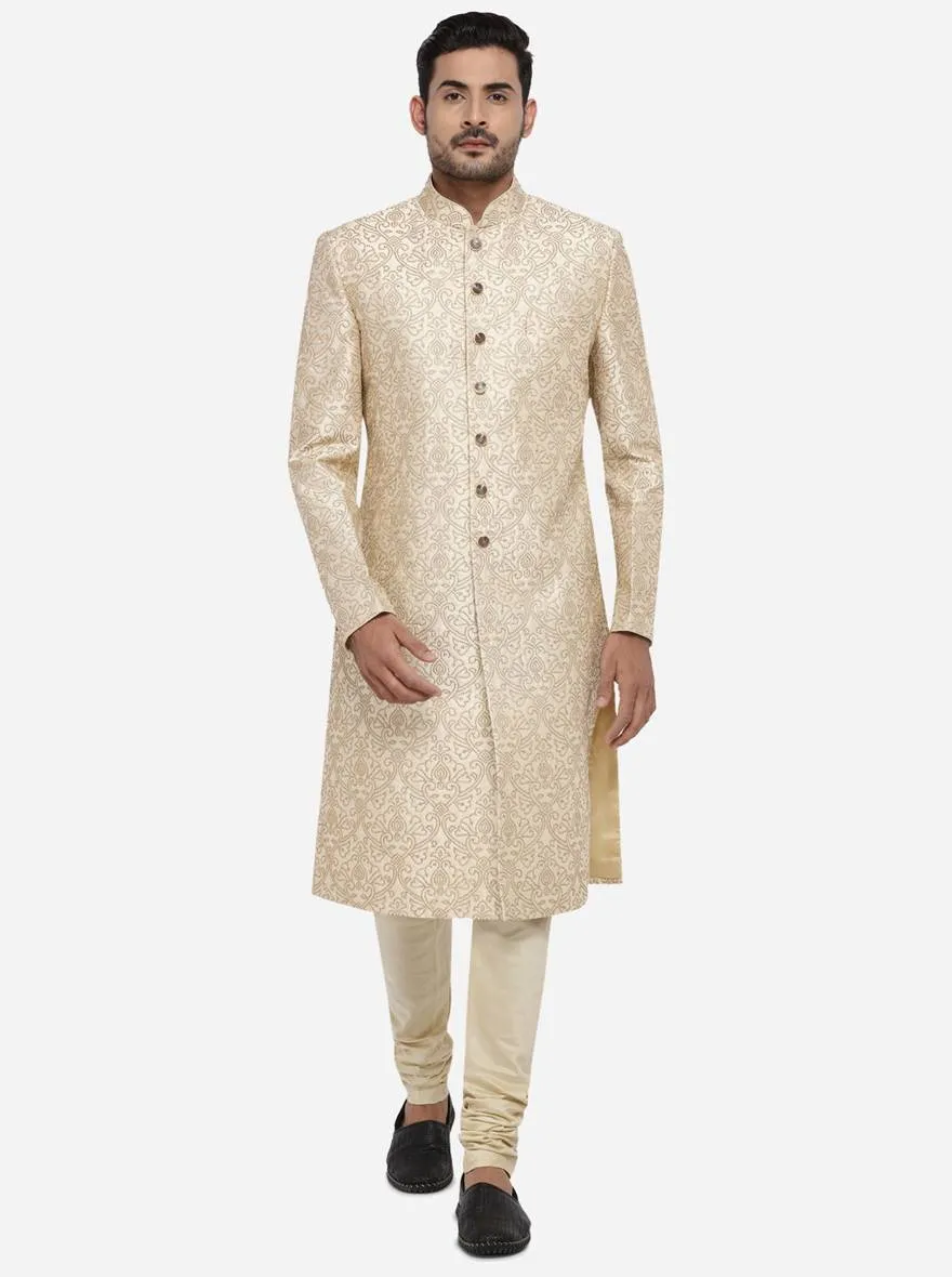 Elegant Beige and Gold Embroidered Sherwani | Azania