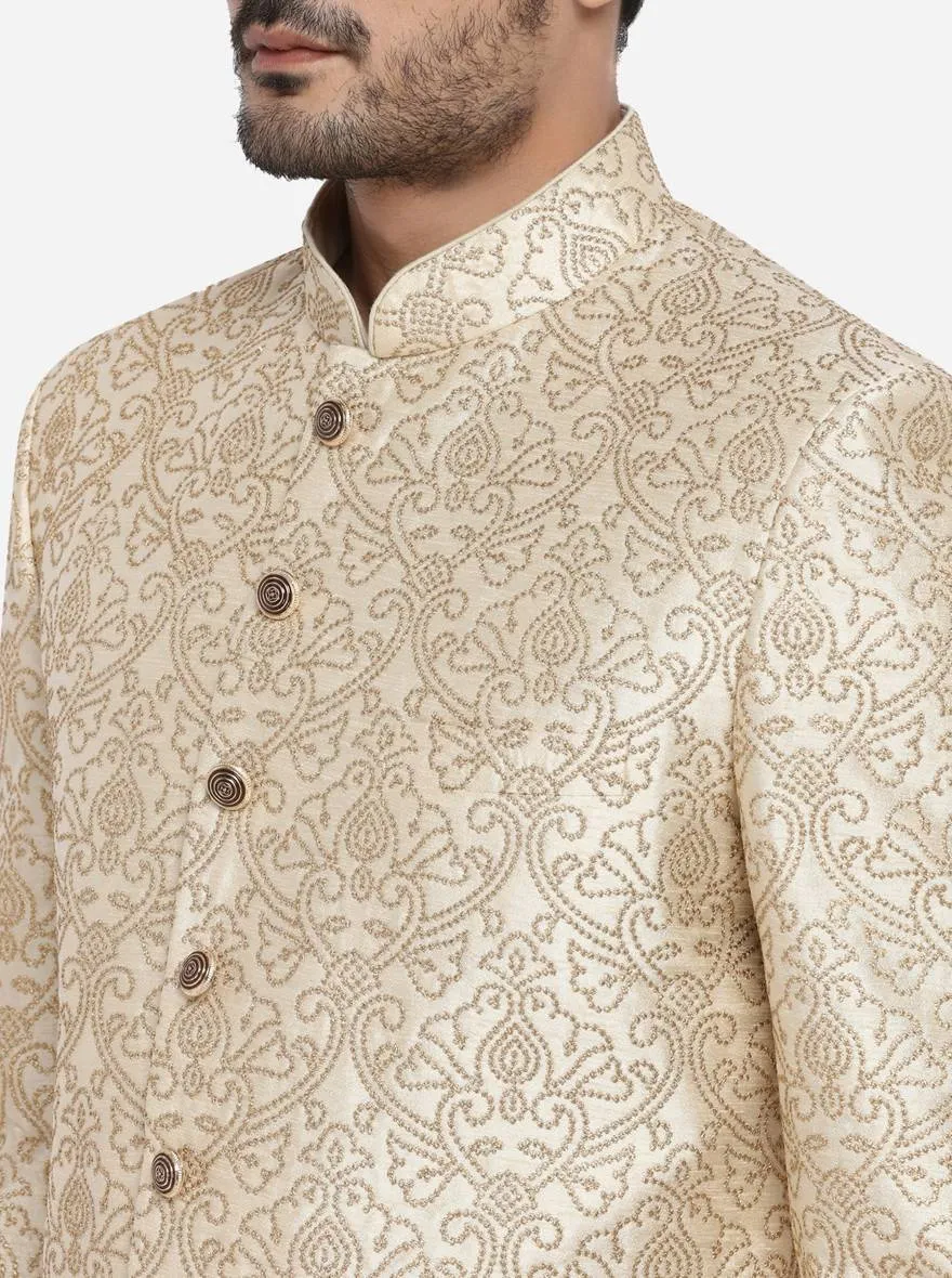Elegant Beige and Gold Embroidered Sherwani | Azania