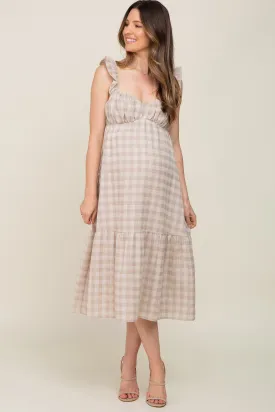 Beige Checkered Linen Sweetheart Neck Ruffle Strap Maternity Midi Dress