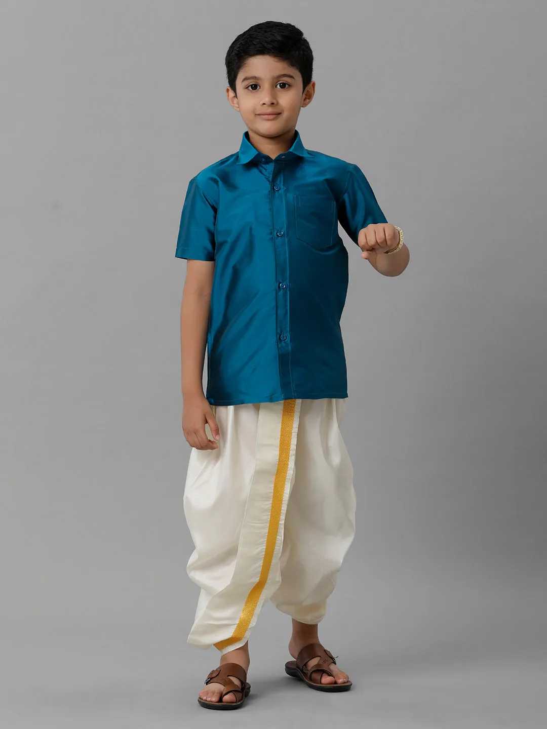 Boys Silk Cotton Ramar Blue Half Sleeves Shirt with Soft Silk Panchakacham Combo K1