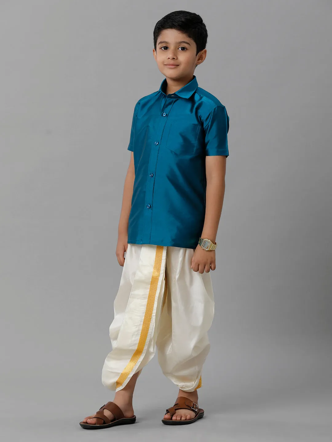 Boys Silk Cotton Ramar Blue Half Sleeves Shirt with Soft Silk Panchakacham Combo K1