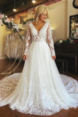 Charming A-Line V Neck Long Sleeve Tulle Lace Wedding Dresses VK23112506