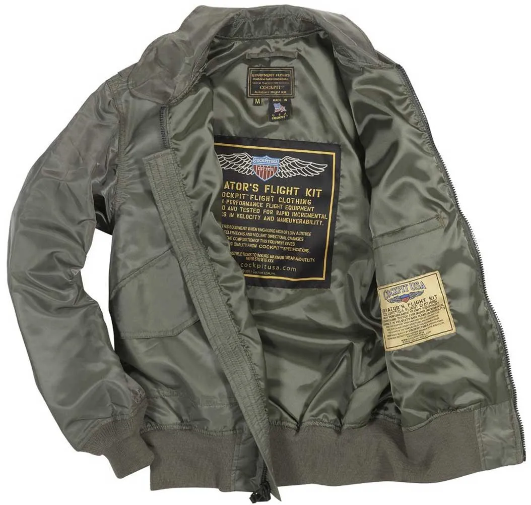 Optimized Title: Cockpit USA Mens US Navy Fighter Weapons Nylon Flight Jacket - Sage Green, Tactical Style, Premium Quality