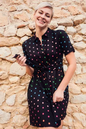 Dessie Shirt Dress - Black, Rainbow Polka