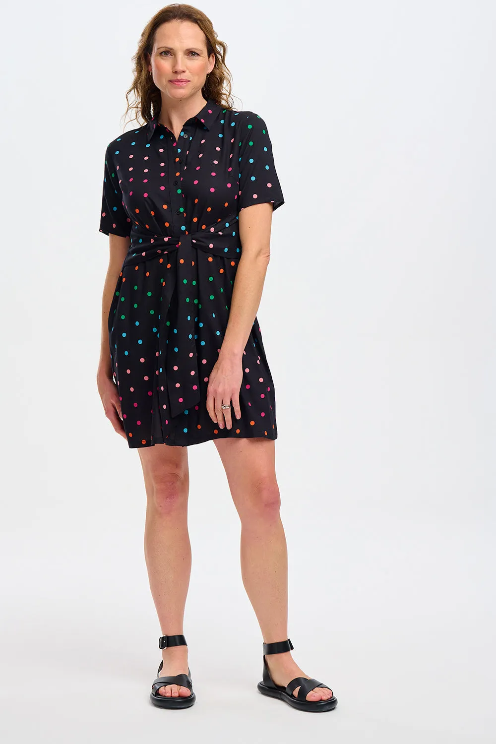 Dessie Shirt Dress - Black, Rainbow Polka