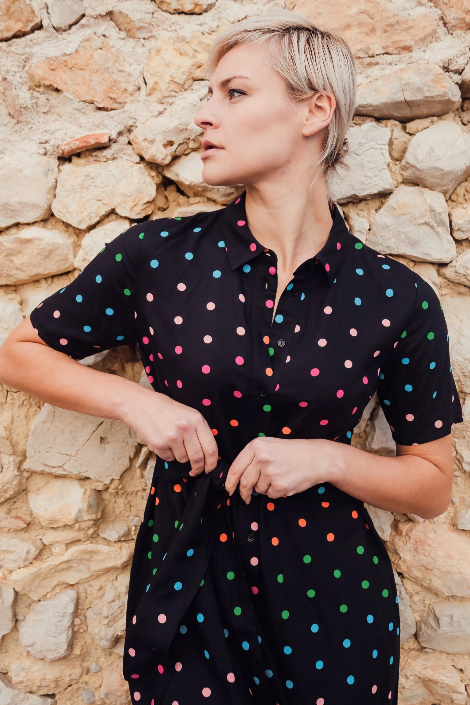 Dessie Shirt Dress - Black, Rainbow Polka