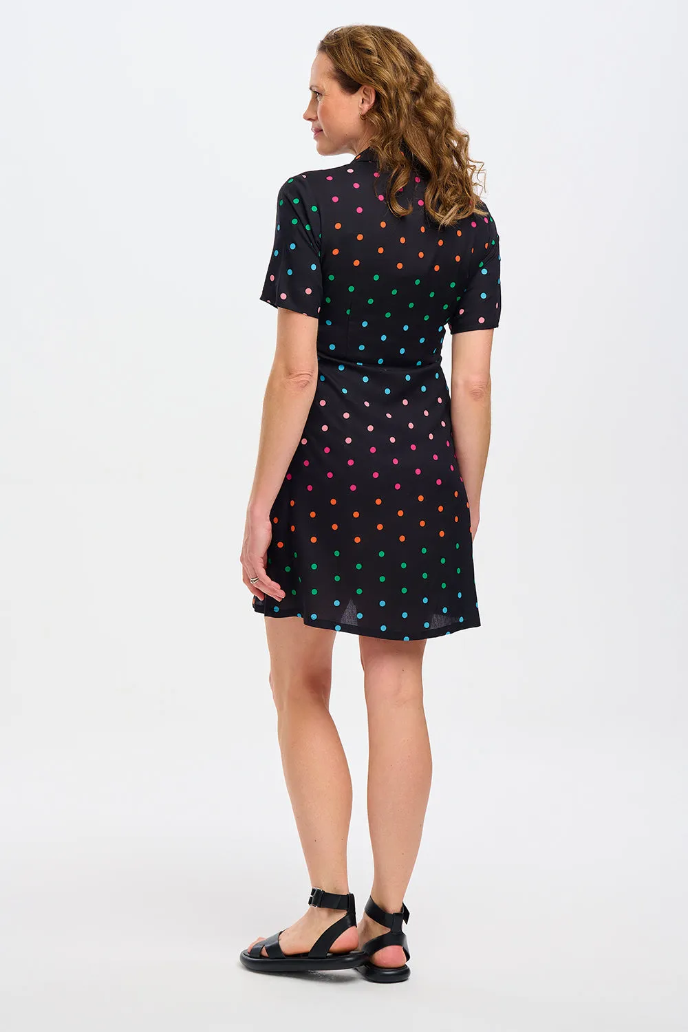 Dessie Shirt Dress - Black, Rainbow Polka
