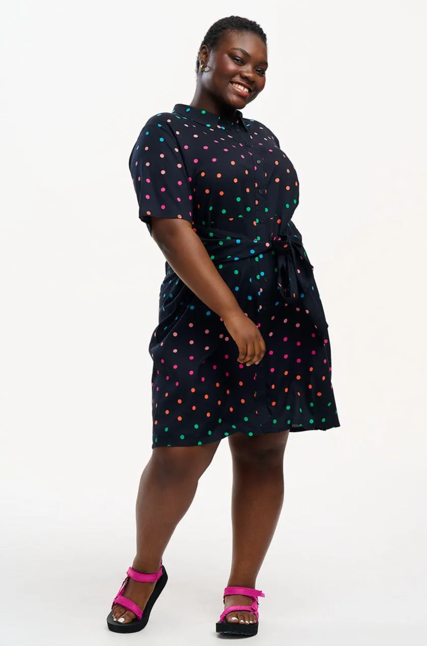 Dessie Shirt Dress - Black, Rainbow Polka