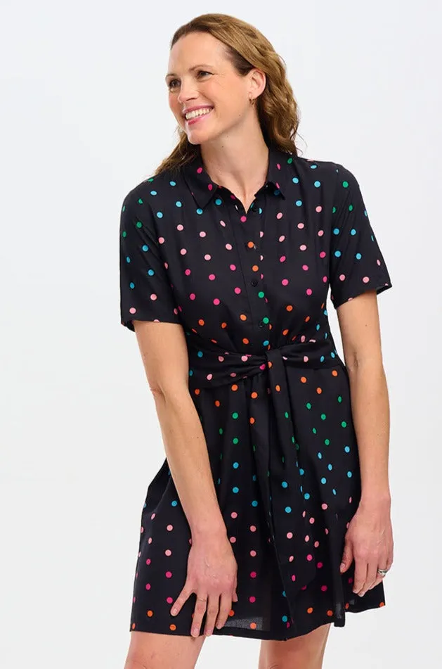 Dessie Shirt Dress - Black, Rainbow Polka