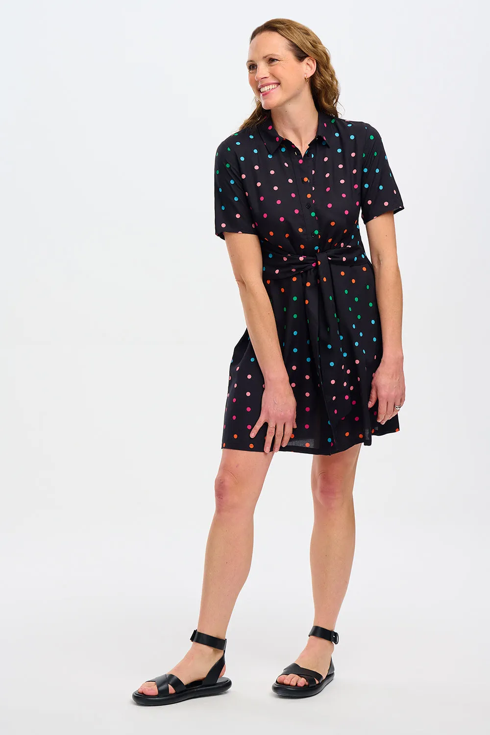 Dessie Shirt Dress - Black, Rainbow Polka