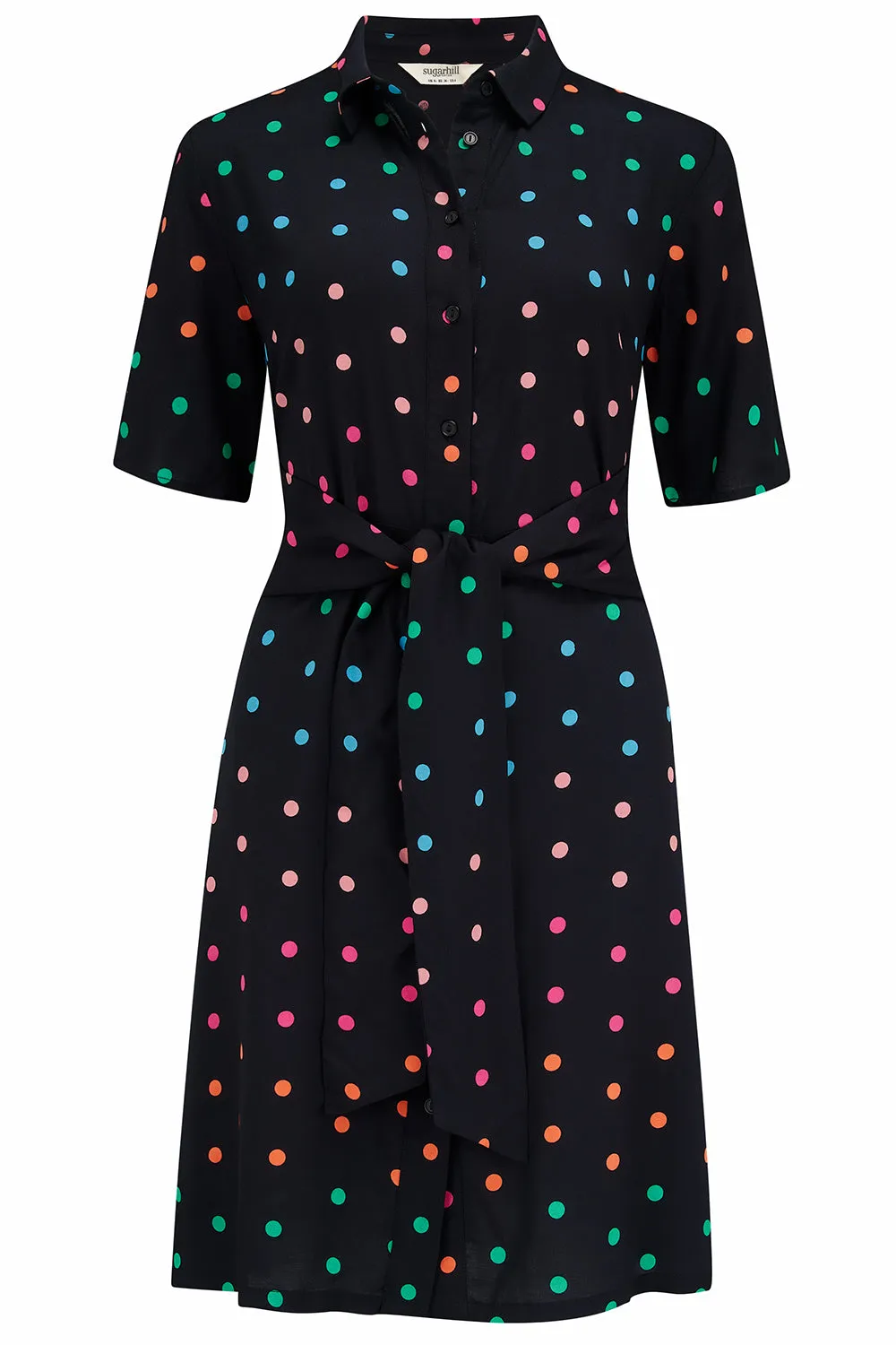 Dessie Shirt Dress - Black, Rainbow Polka