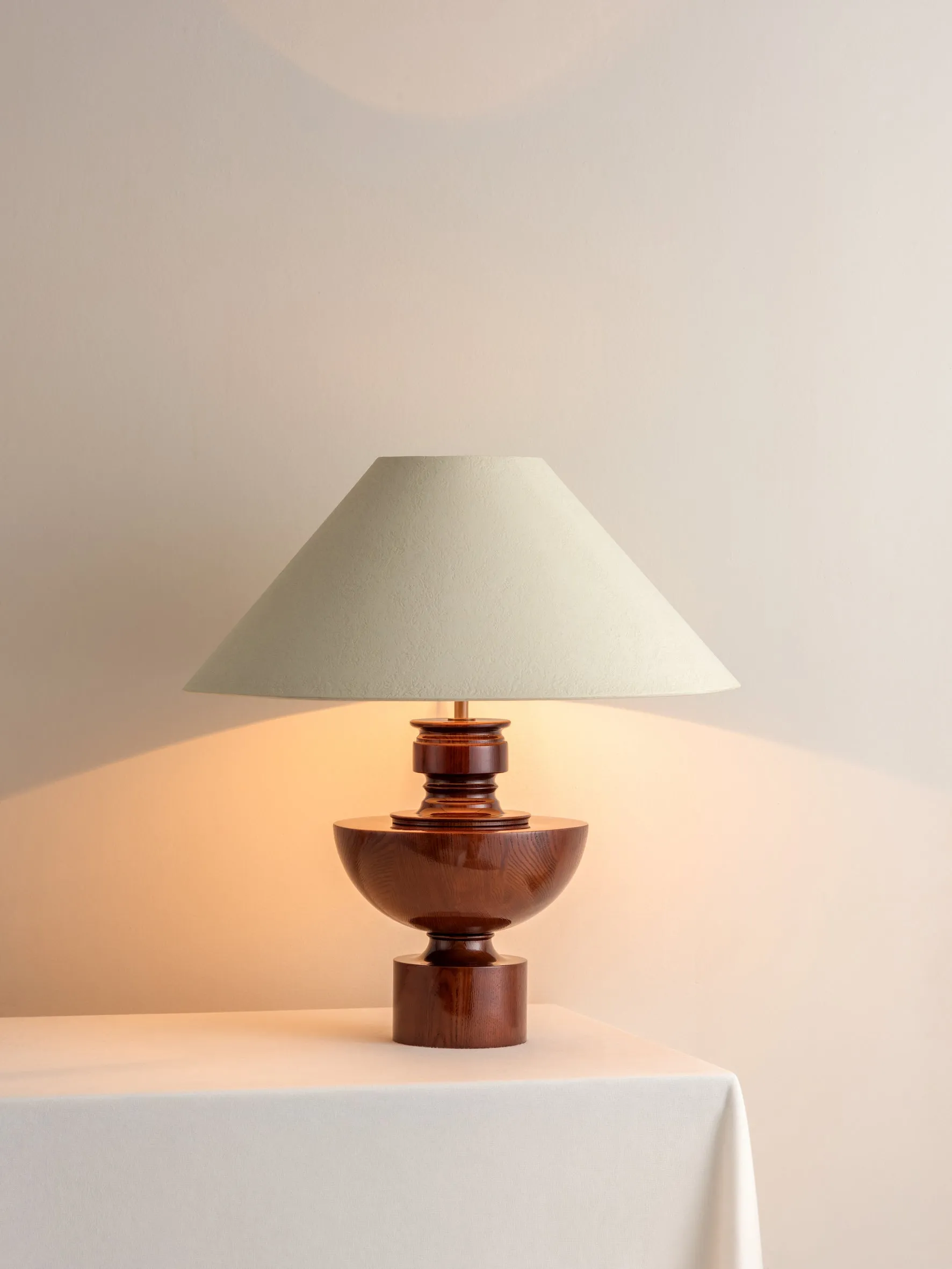 Editions spun wood lamp with   plaster shade