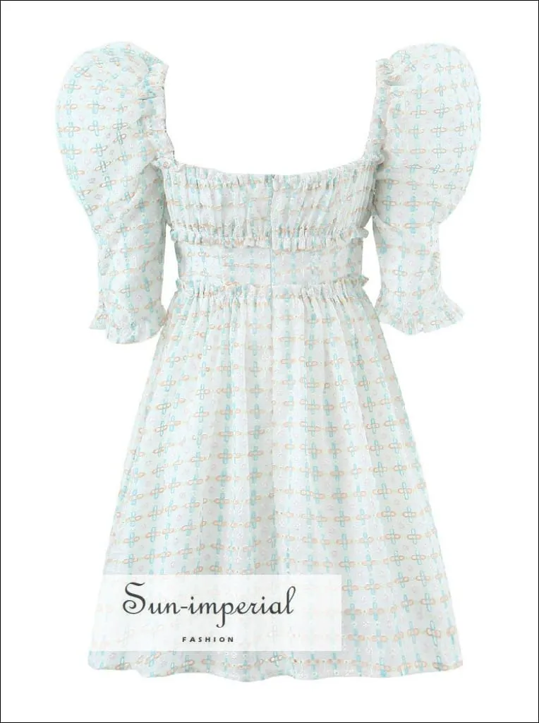 Embroidery Short Puff Sleeve Mini Dress With  Square Collar And Double Center Bow Detail