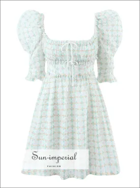 Embroidery Short Puff Sleeve Mini Dress With  Square Collar And Double Center Bow Detail