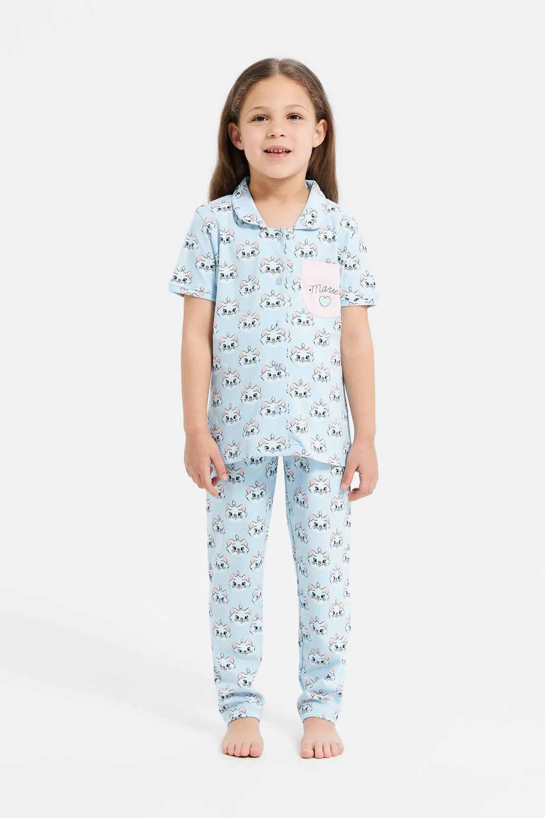Girls Blue Marie Cat Print Pyjama Set (2 Piece)