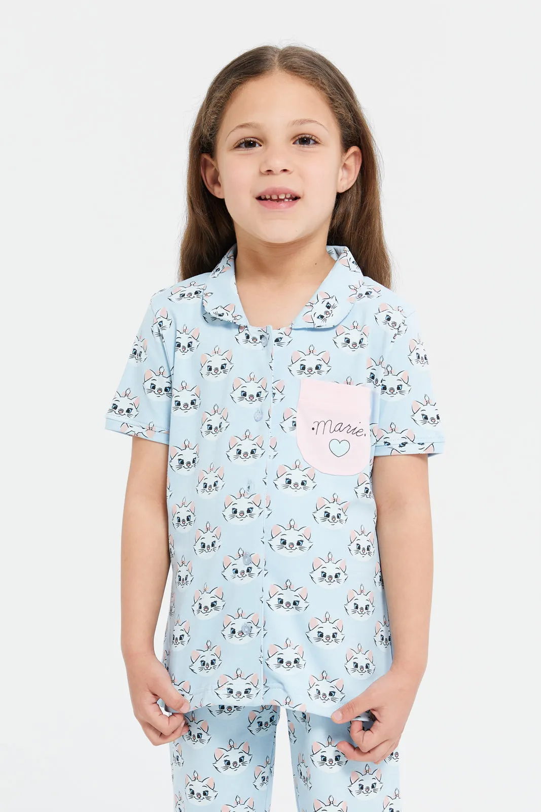 Girls Blue Marie Cat Print Pyjama Set (2 Piece)