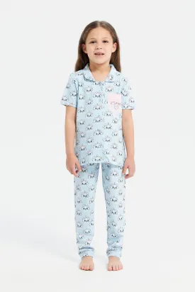 Girls Blue Marie Cat Print Pyjama Set (2 Piece)