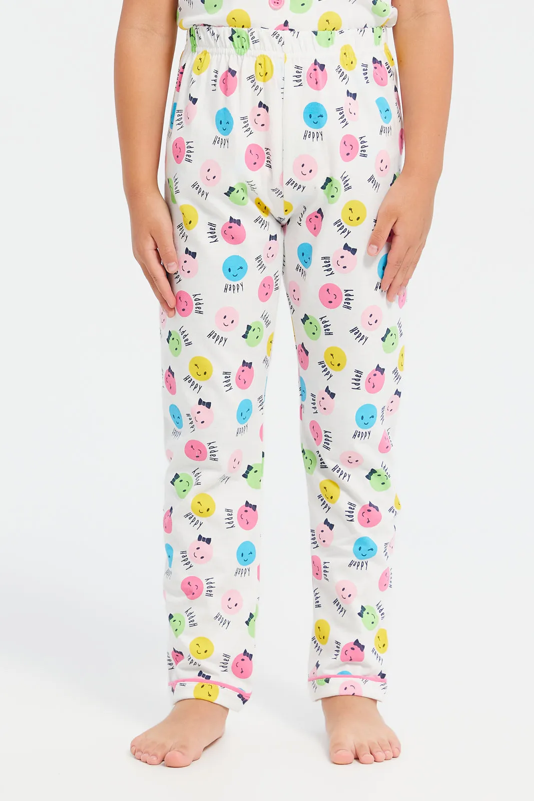 Girls White Smile Face Pyjama Set (2 Piece)