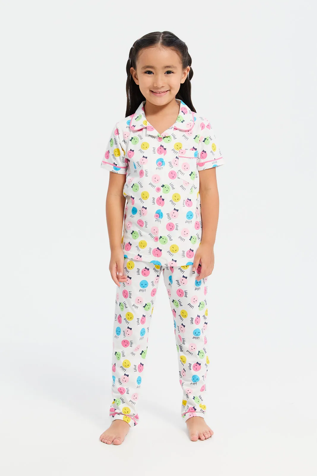 Girls White Smile Face Pyjama Set (2 Piece)