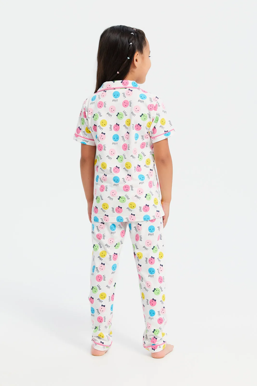 Girls White Smile Face Pyjama Set (2 Piece)