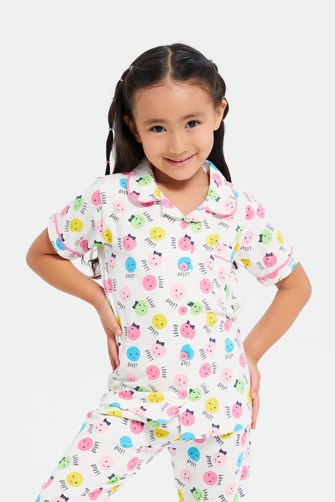 Girls White Smile Face Pyjama Set (2 Piece)