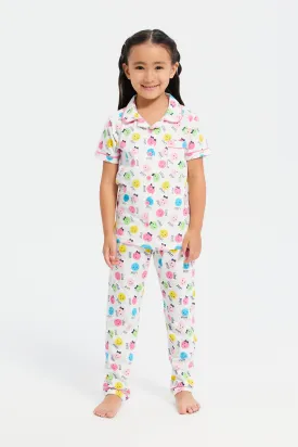Girls White Smile Face Pyjama Set (2 Piece)
