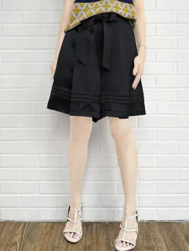 Last Chance! Lustrous Black Removable Bow Belt Tiered A-line Silky Skort