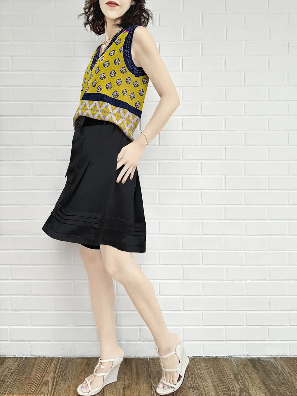 Last Chance! Lustrous Black Removable Bow Belt Tiered A-line Silky Skort