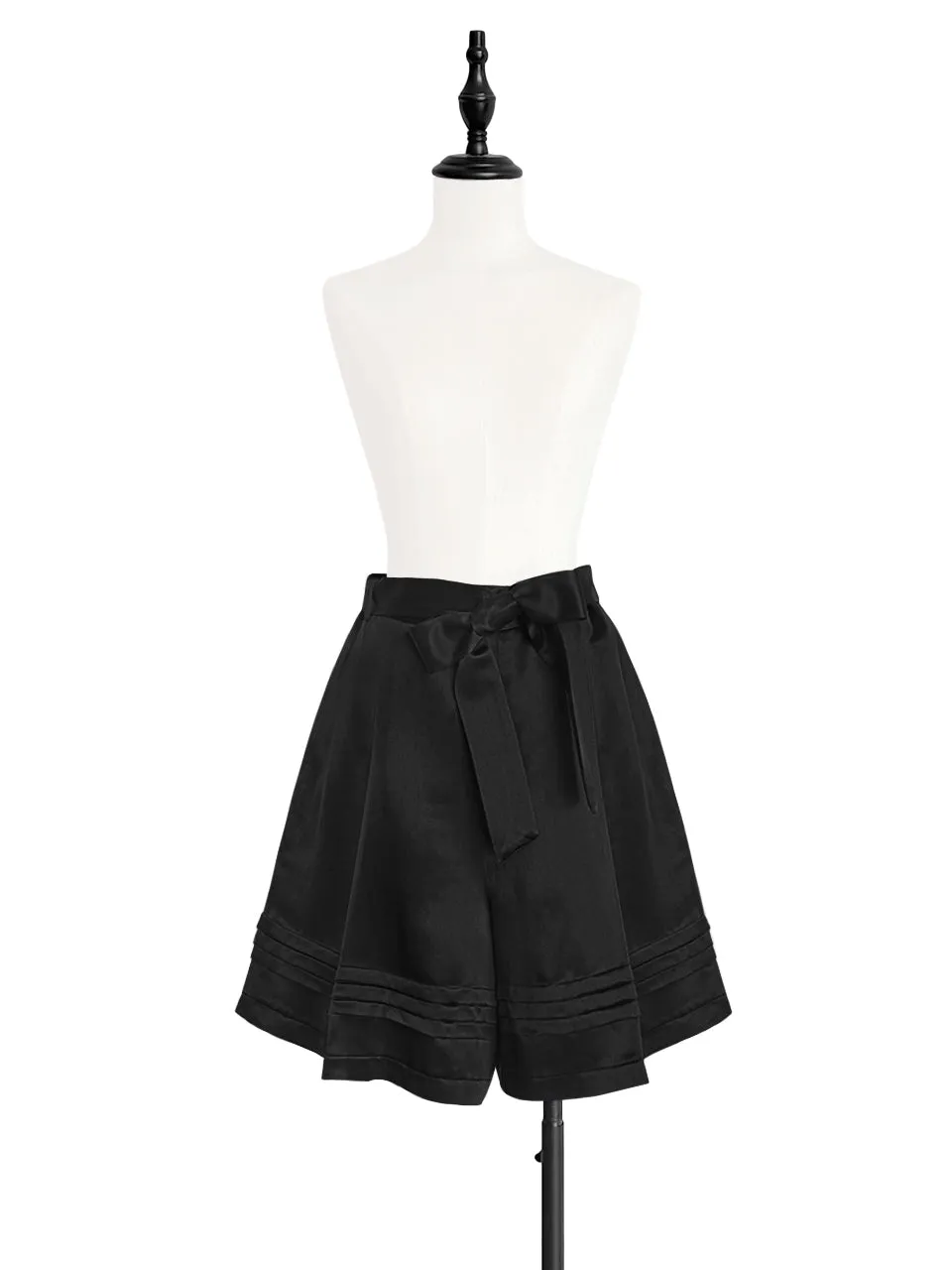 Last Chance! Lustrous Black Removable Bow Belt Tiered A-line Silky Skort