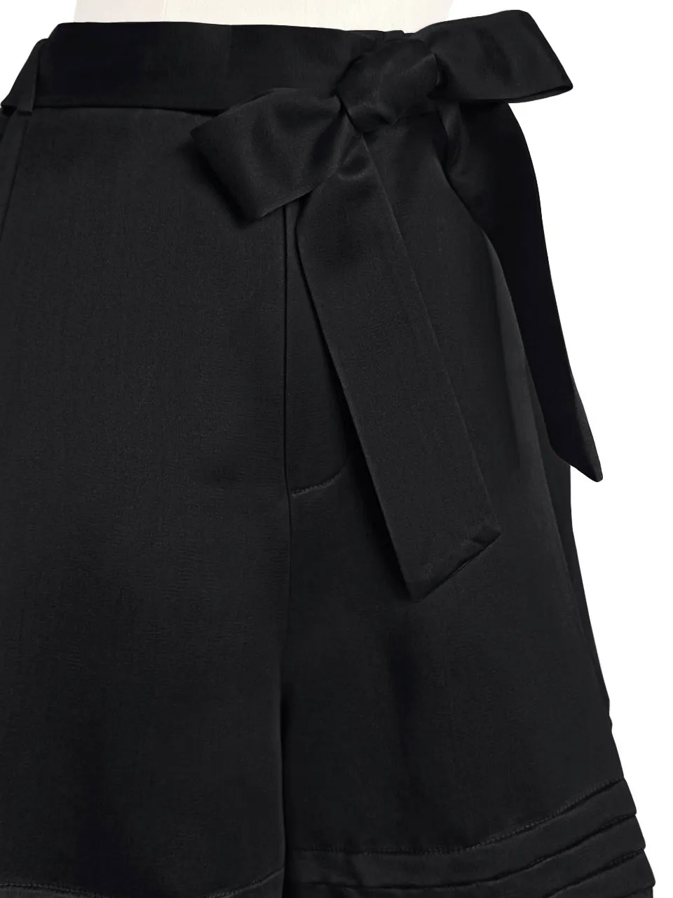 Last Chance! Lustrous Black Removable Bow Belt Tiered A-line Silky Skort