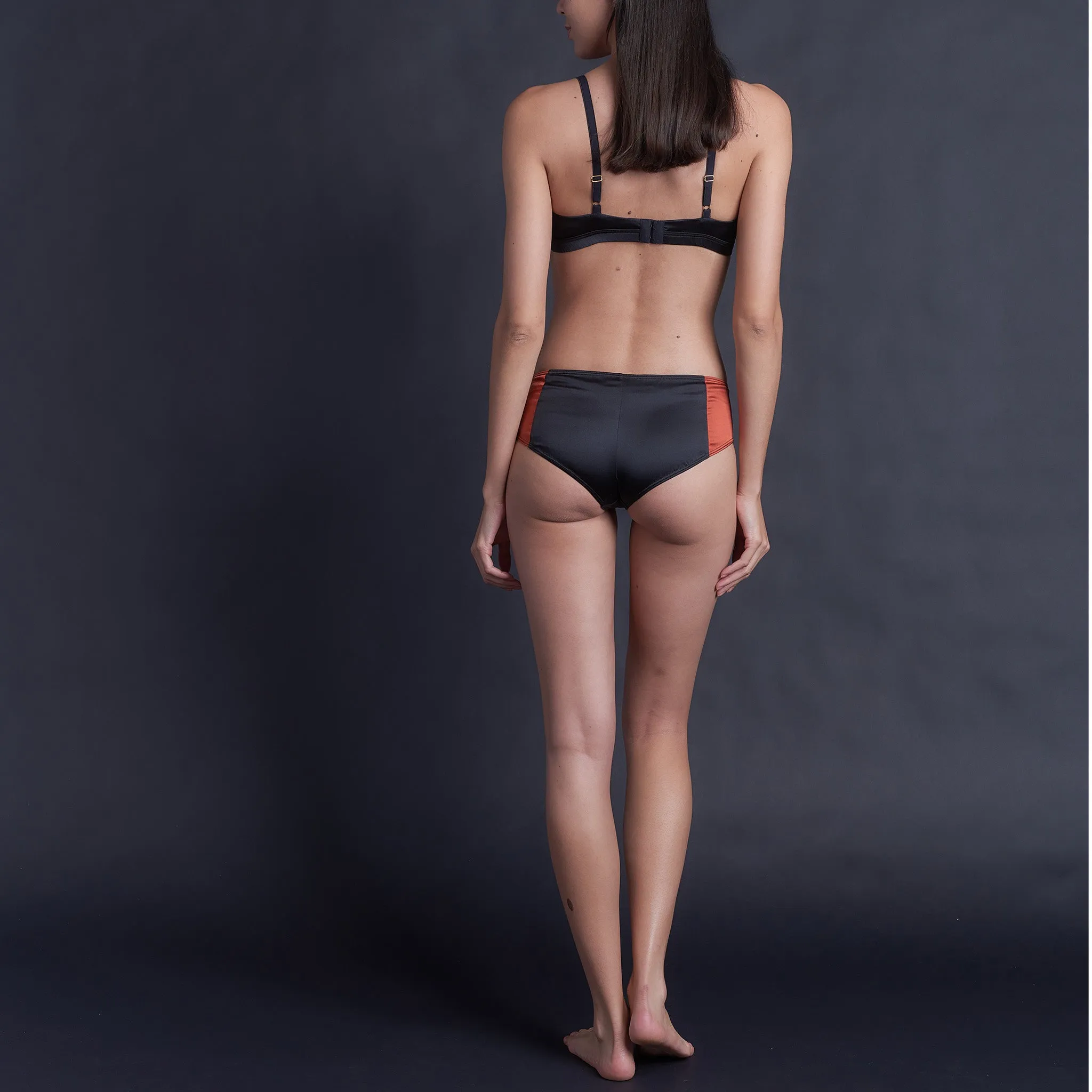 Lena Bikini Brief in Cinnabar & Black Stretch Silk Charmeuse