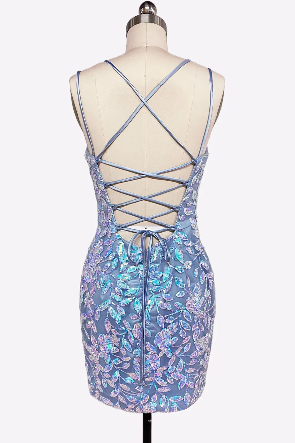 Light Blue V Neck Sequins Lace Short Tight Homecoming Dresses VK081405