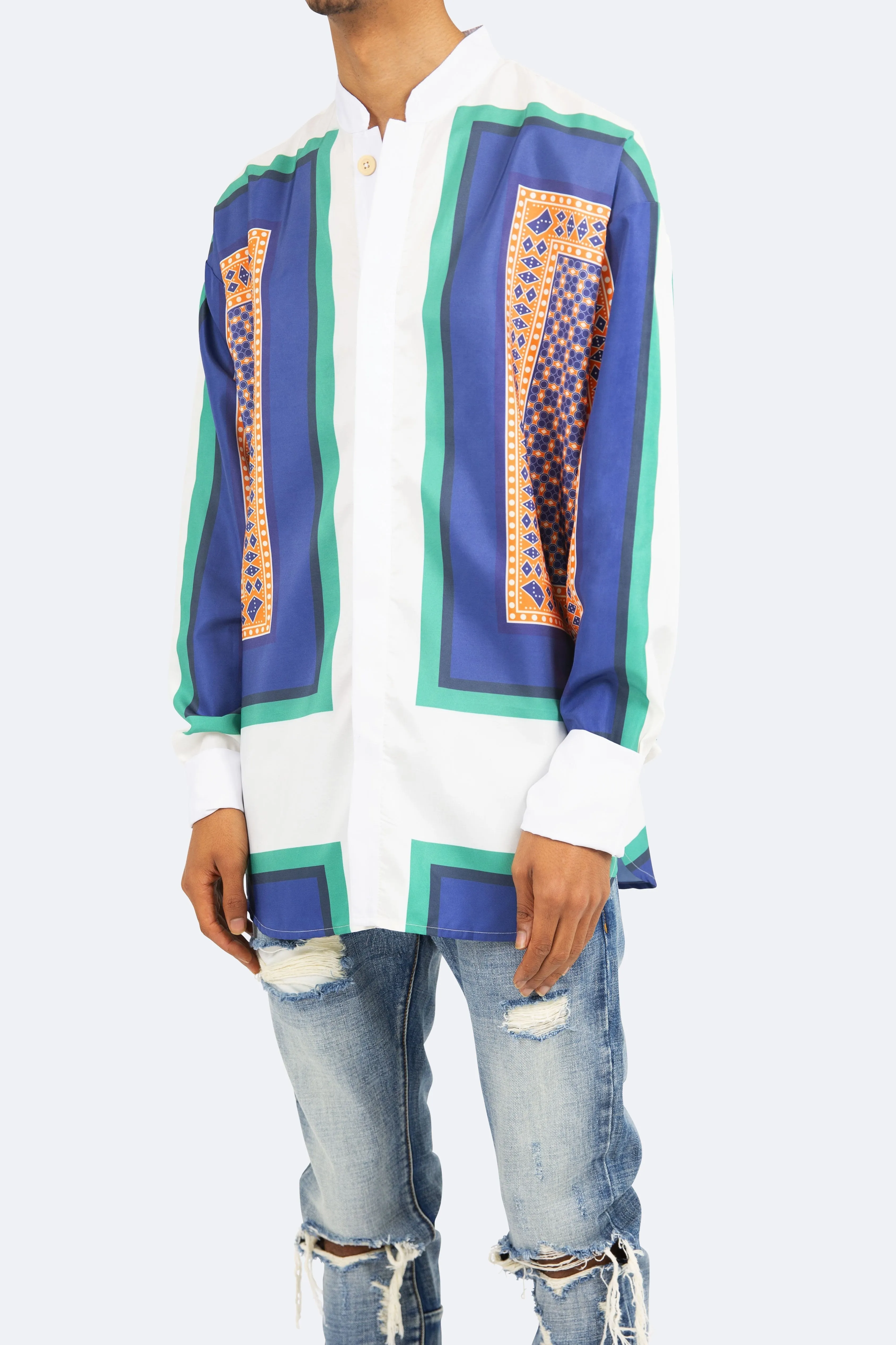 Mandarin Collar Shirt - Blue/White