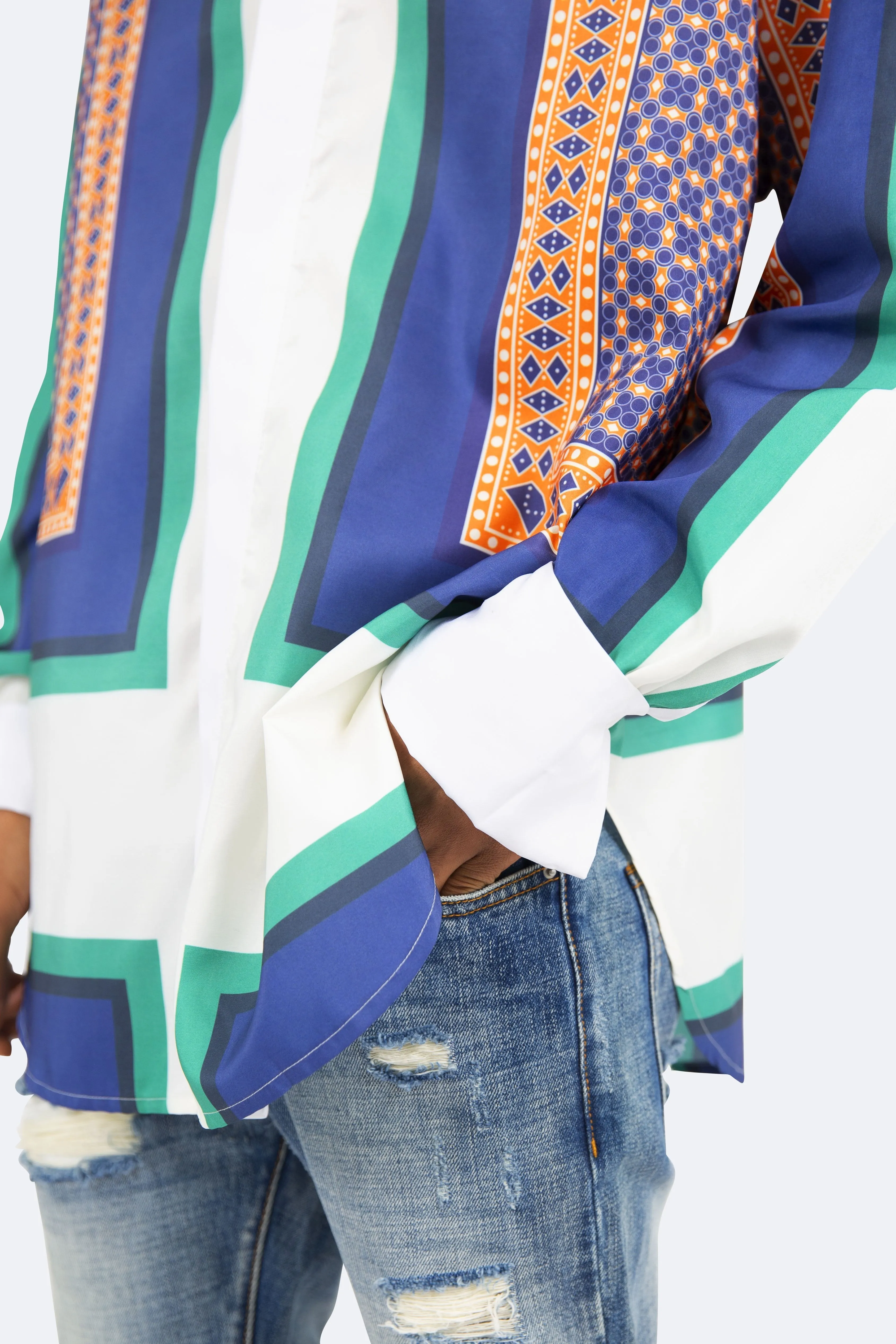 Mandarin Collar Shirt - Blue/White