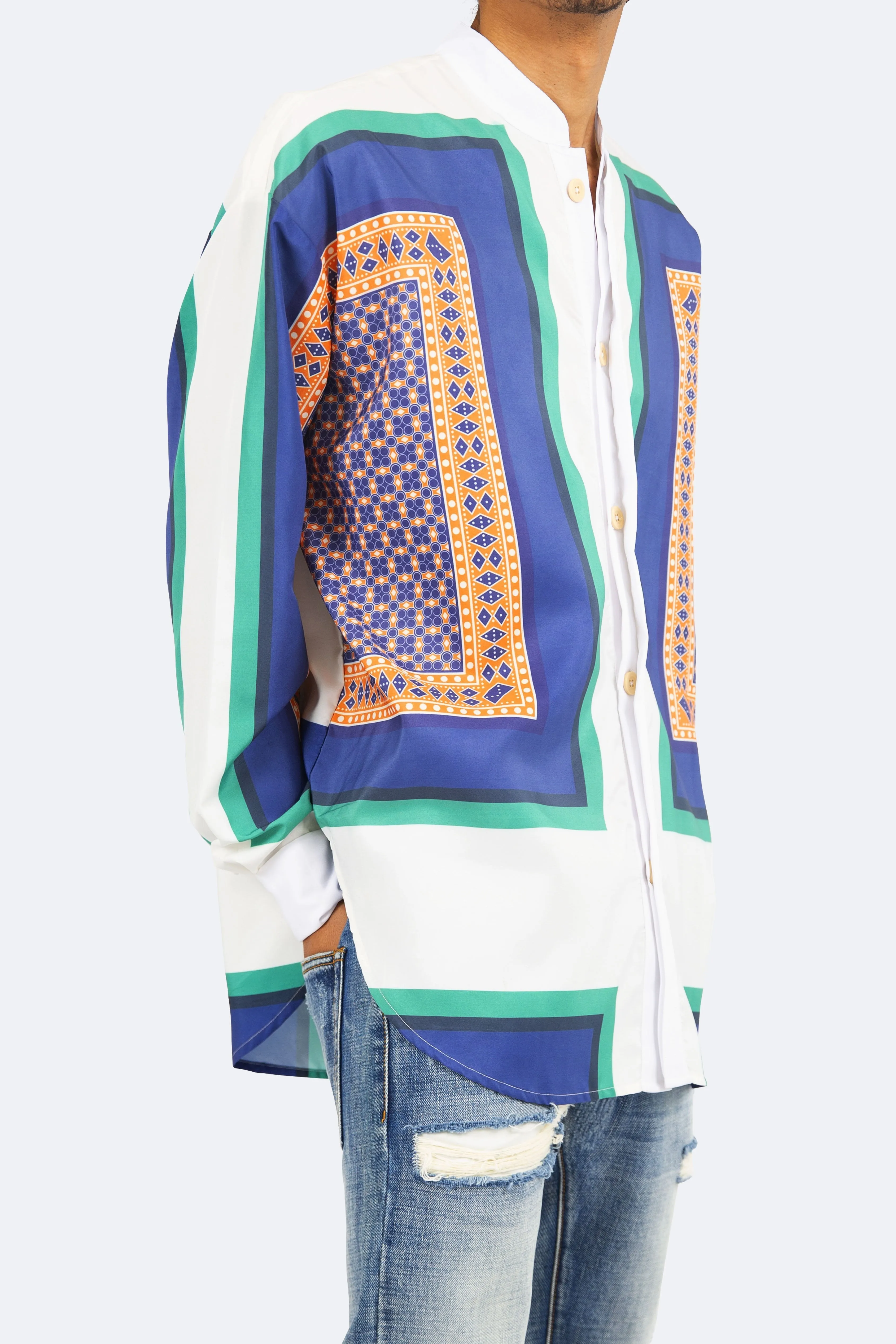 Mandarin Collar Shirt - Blue/White