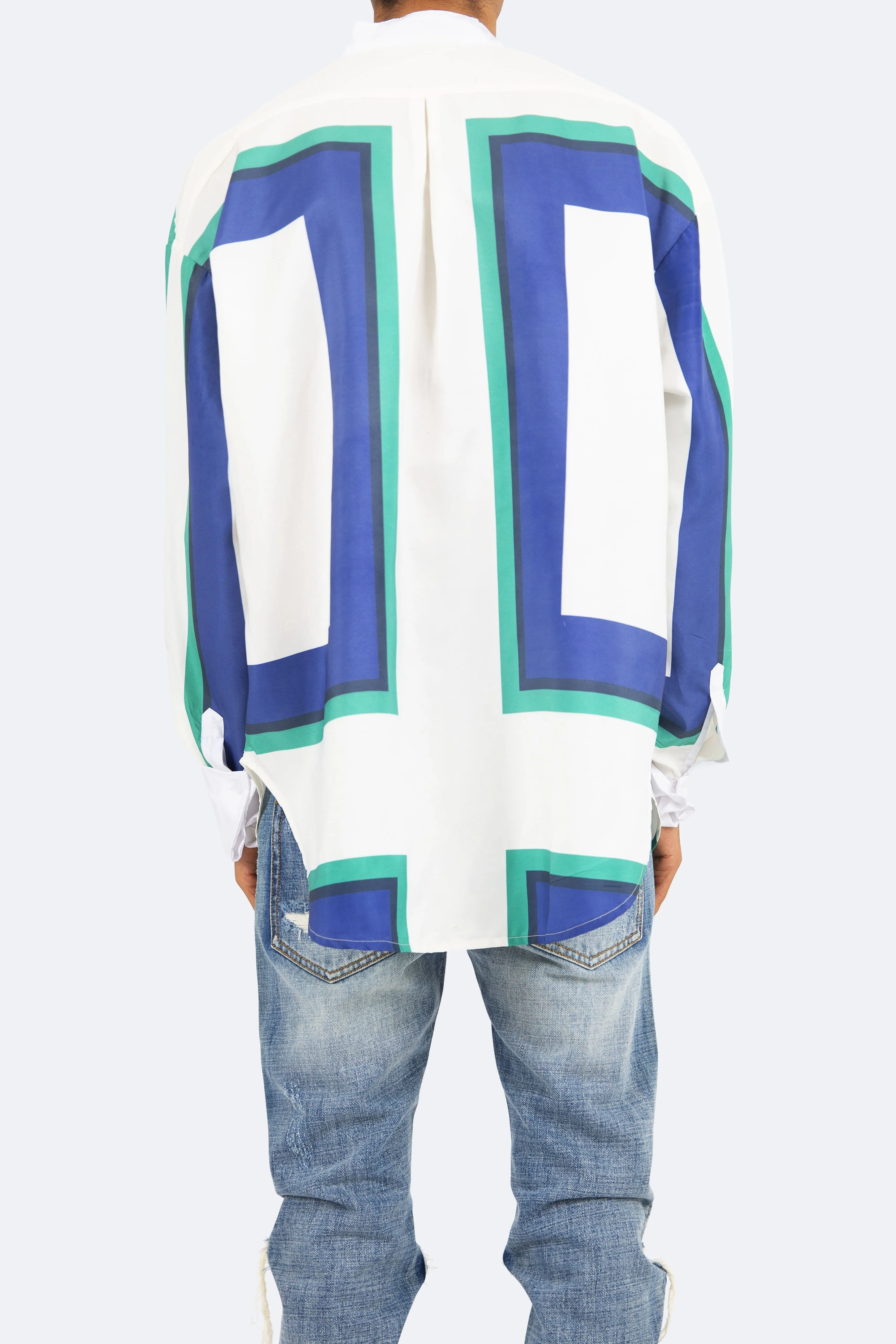 Mandarin Collar Shirt - Blue/White