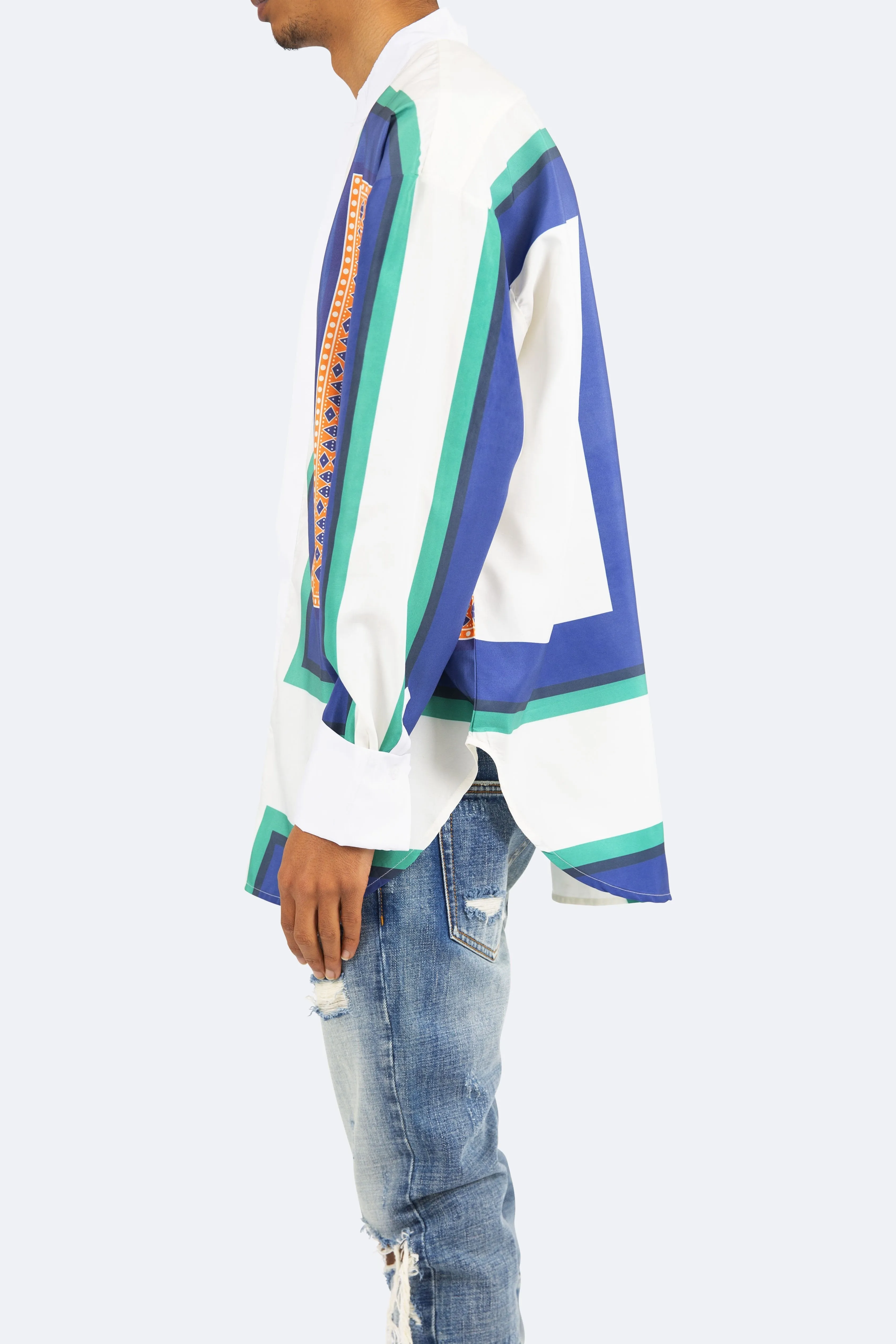 Mandarin Collar Shirt - Blue/White