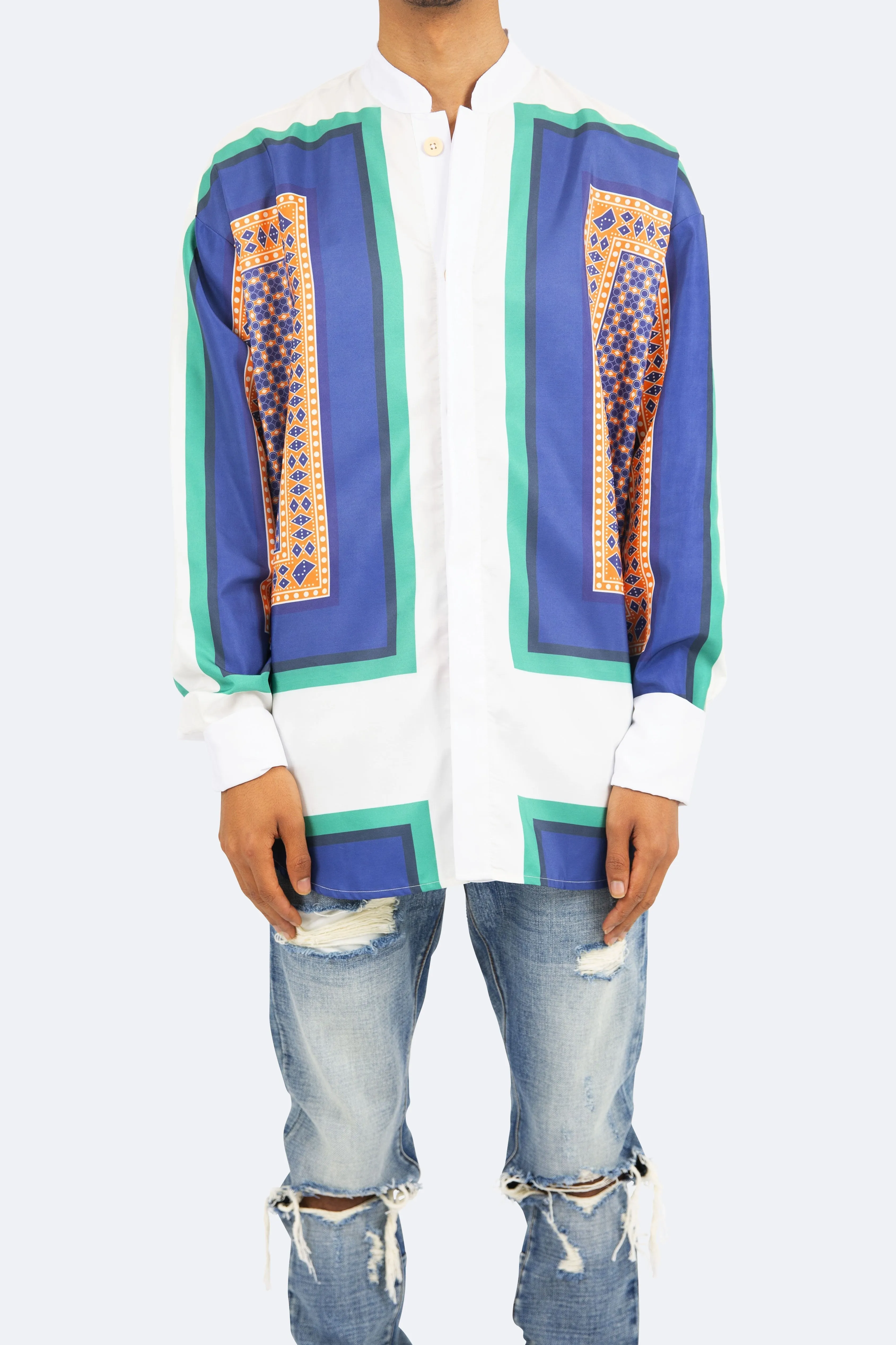 Mandarin Collar Shirt - Blue/White