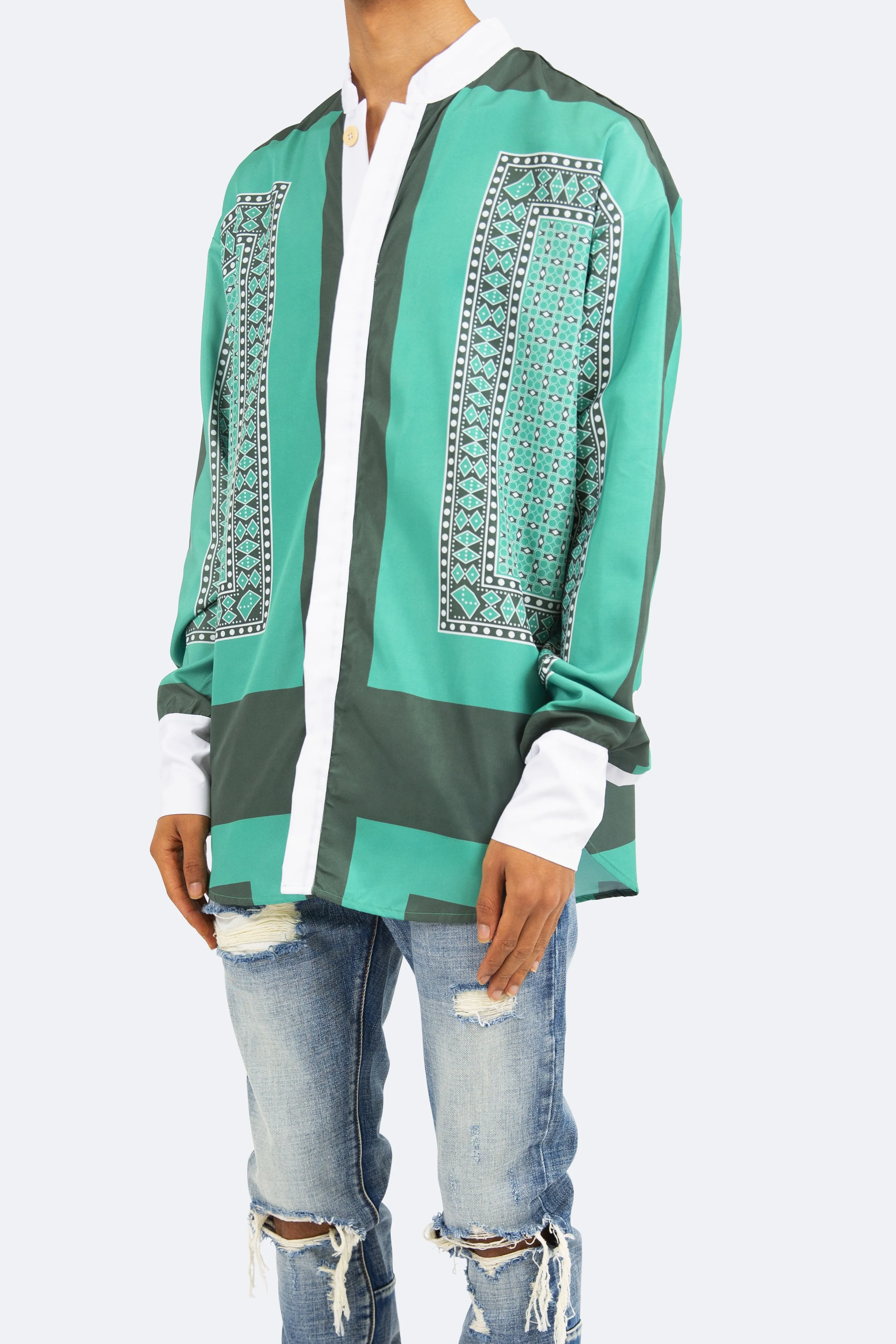Mandarin Collar Shirt - Green/White