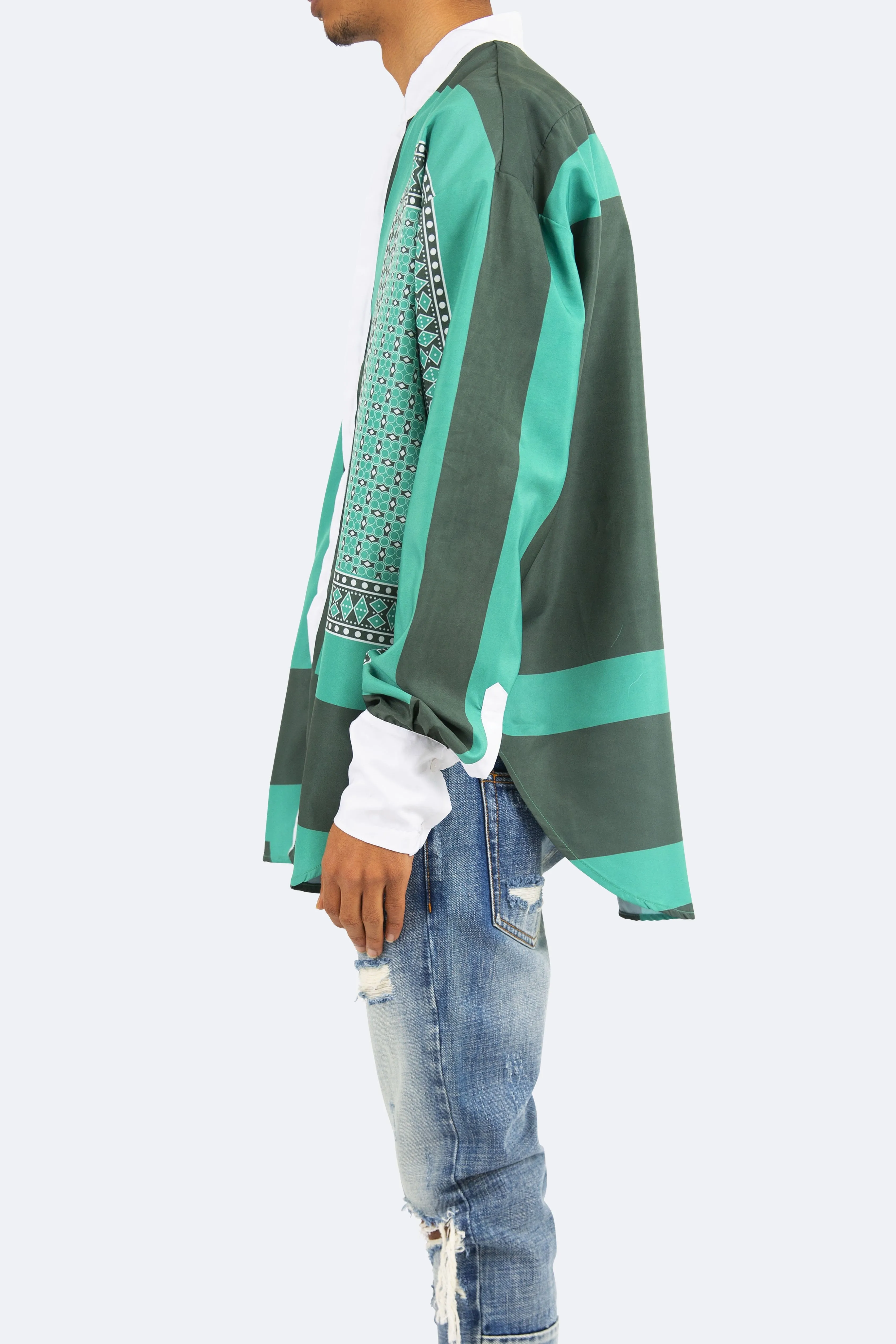 Mandarin Collar Shirt - Green/White