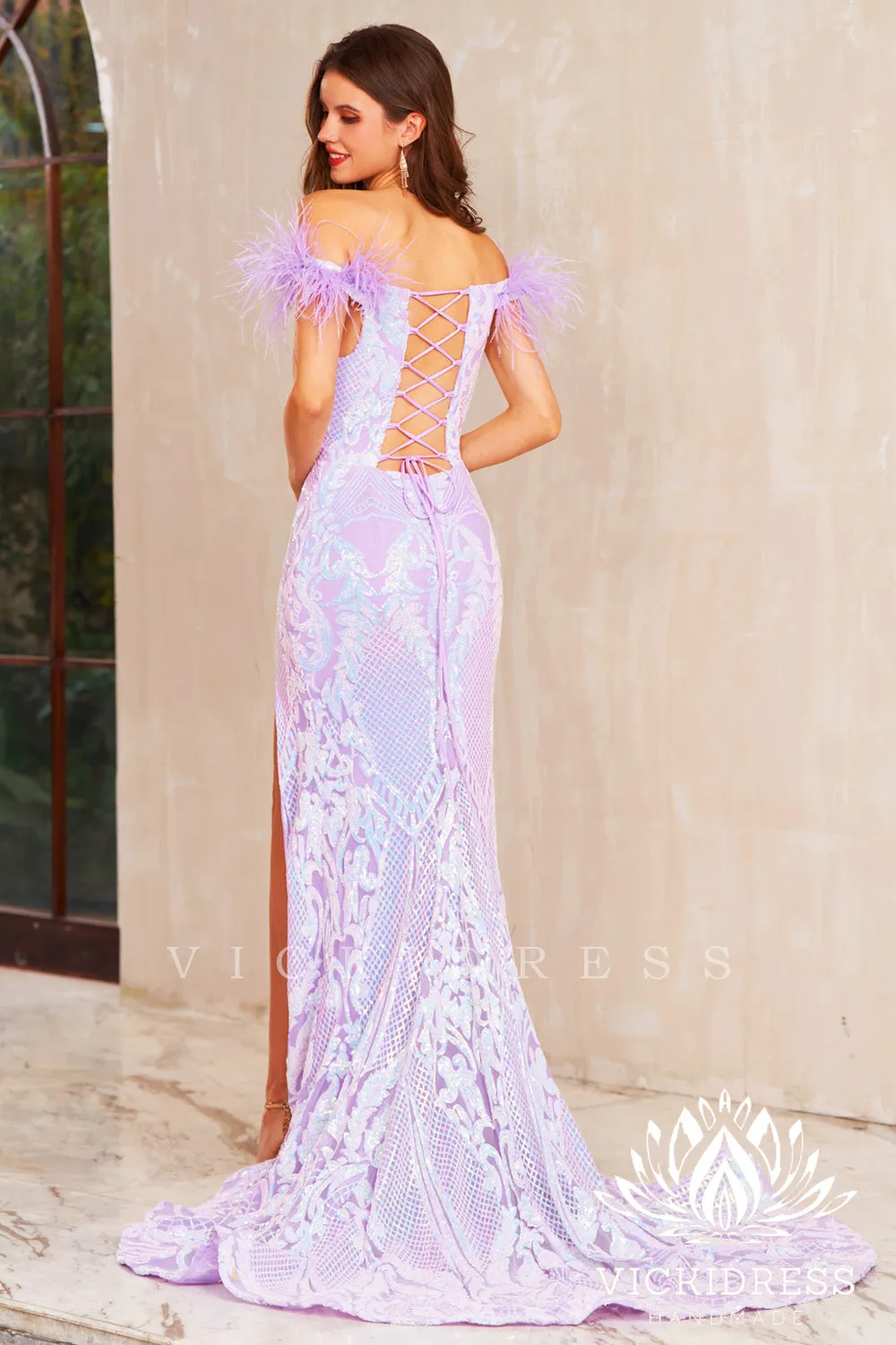 Mermaid Off the Shoulder Lavender Sequins Lace Long Prom Dress VK23121902