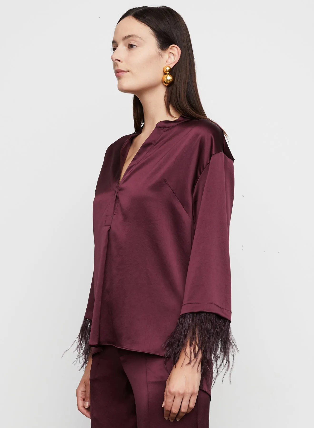 Nevaeh Satin Feathered Top in Burgundy