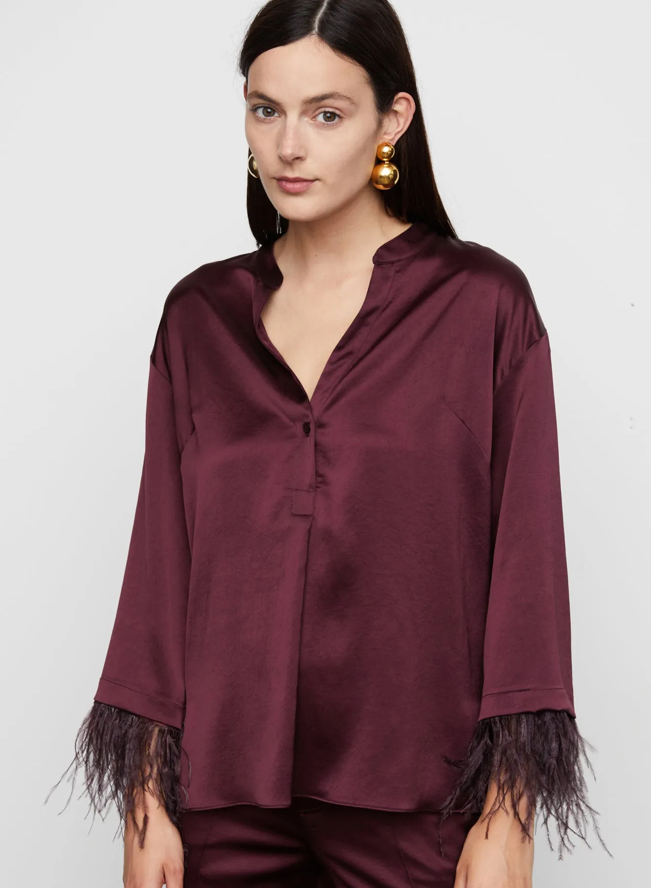 Nevaeh Satin Feathered Top in Burgundy