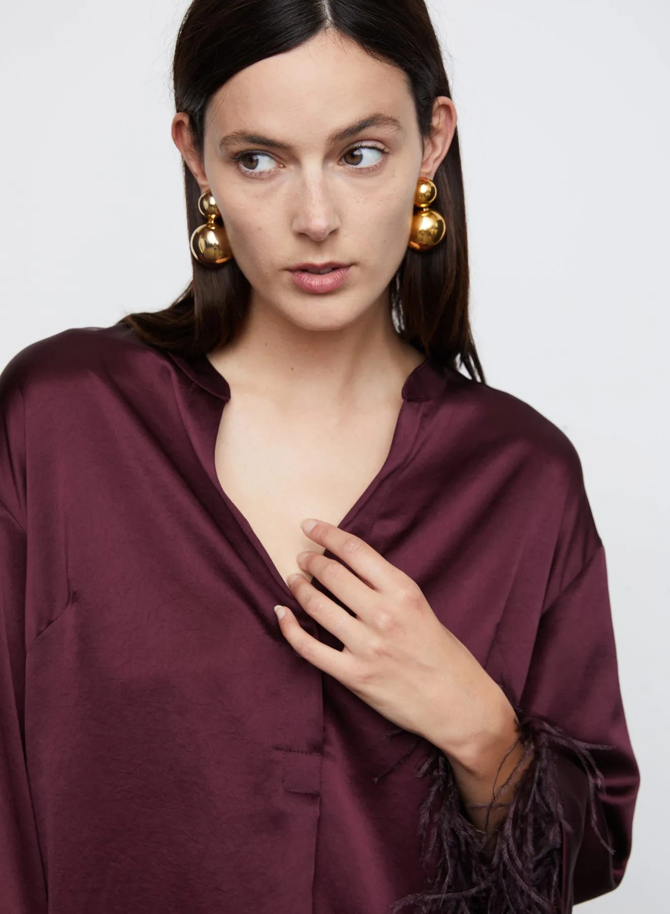 Nevaeh Satin Feathered Top in Burgundy