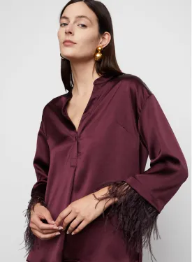 Nevaeh Satin Feathered Top in Burgundy